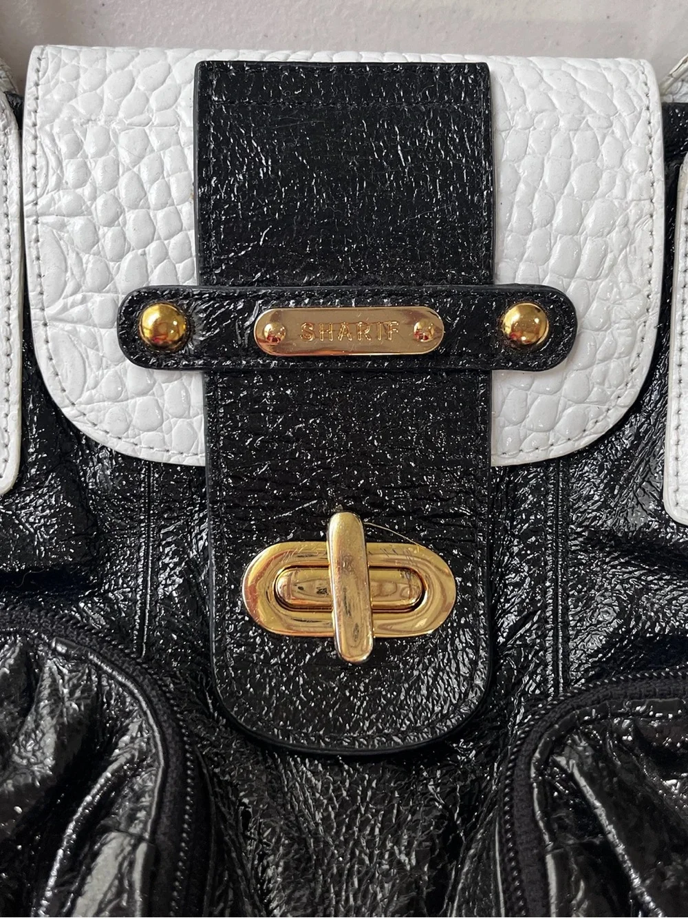 Sharif Studio Black White Faux Croc Patent Large Satchel Bag w/ Gold Hardware